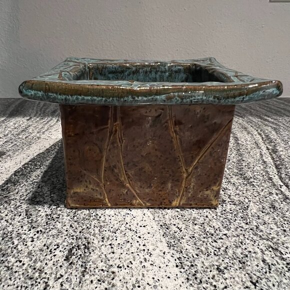 Terracotta Vase Square Flat Top Blue And Brown Dipped Pottery Signed RP Jones - Picture 1 of 10